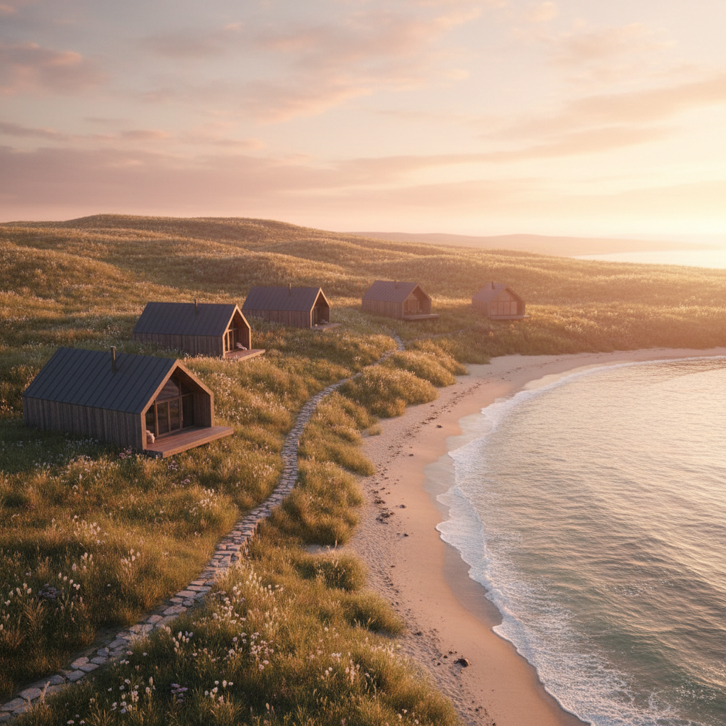 A cinematic overview of IKIGAI homestay nestled between hill and sea: a cluster of low, elegantly simple wooden cabins with dark, matte roofs, partially hidden by tall grasses and wildflowers in soft, desaturated colors. A winding stone path leads from the hillside cabins down toward a small, secluded beach where calm waves meet pale sand. The sky is painted with the soft amber and rose tones of golden hour, casting long, warm highlights on the sloping terrain and subtle reflections on the water. Captured from a high, almost drone-like perspective, the composition emphasizes the contrast between structured human-made forms and expansive, embracing nature. The atmosphere is cinematic and quietly majestic, conveying the dream of leaving the city to create a sanctuary where life can unfold more gently.