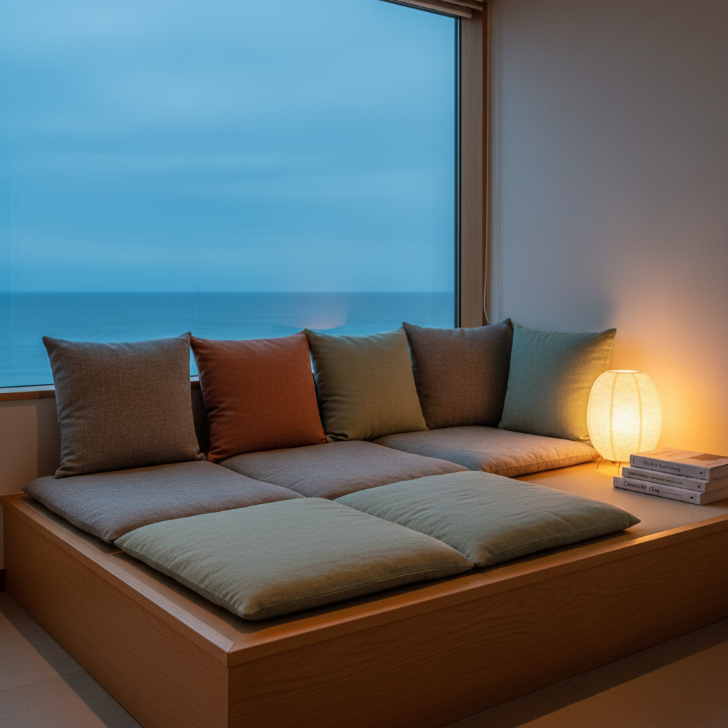 An intimate corner of a rustic living space inside IKIGAI homestay, featuring a low tatami-style platform framed by smooth, pale wood and layered with natural linen cushions in stone, clay, and seafoam hues. A small, round shoji-style lamp with rice paper panels glows warmly on a side ledge, its light pooling softly onto a stack of thoughtfully chosen books about slow living and entrepreneurship. Through a wide, frameless window, a distant, calm ocean reflects the cool blues of dusk. The scene is lit by a cinematic mix of fading natural light and the lamp’s amber glow, creating subtle, soft-edged shadows. Shot at eye level with balanced composition, the mood feels sophisticated, gentle, and deeply restorative, as if the room itself invites reflection on one’s ikigai.